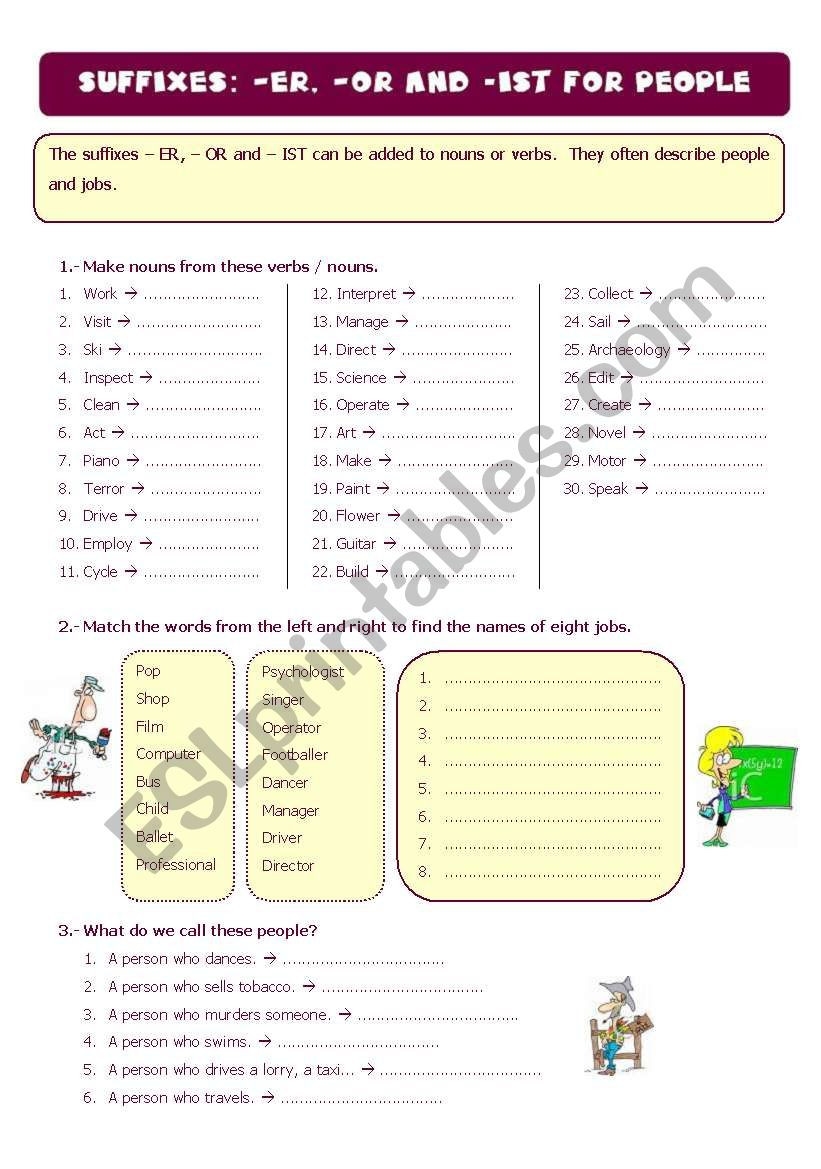 Root Words Worksheet Pdf Suffixes Er or and ist for People Esl Worksheet by