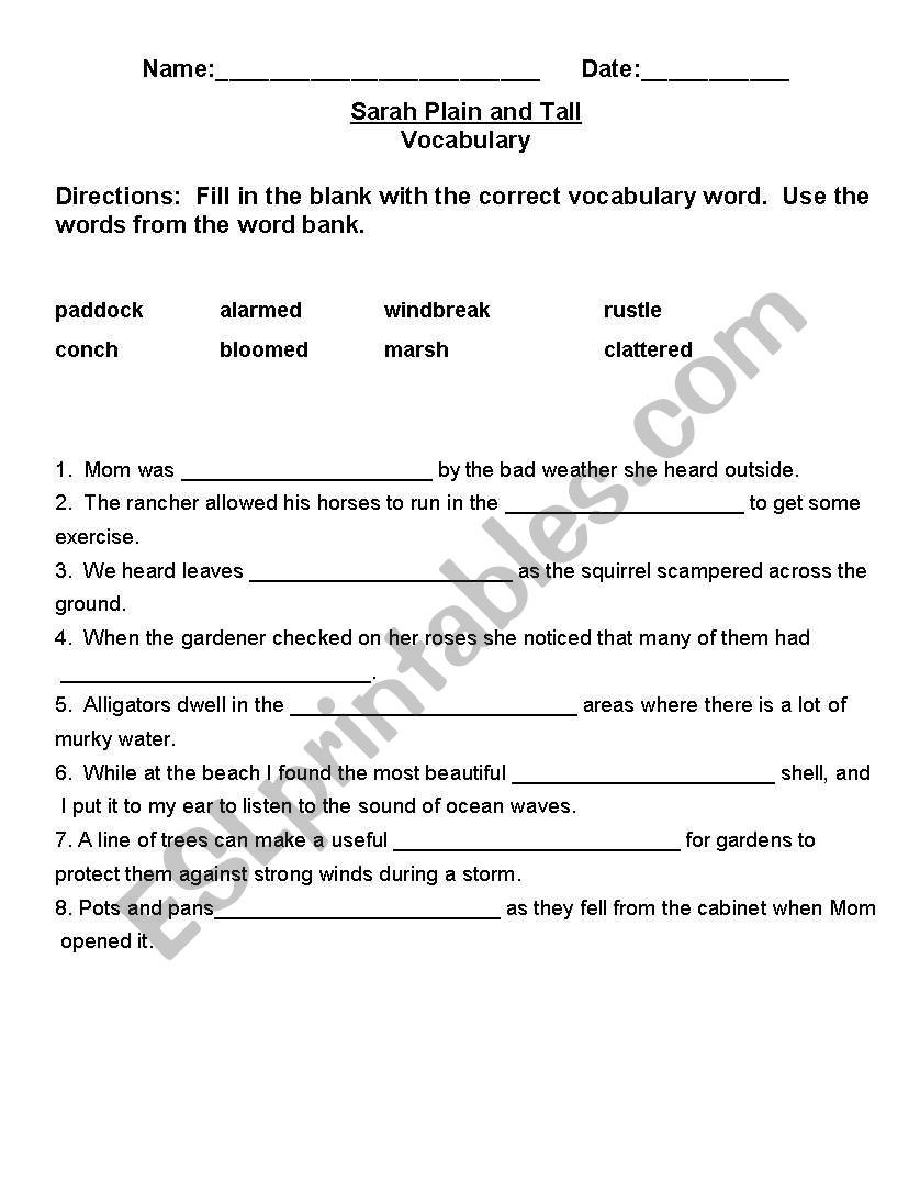 Sarah Plain and Tall Worksheet English Worksheets Sarah Plain and Tall Vocabulary Test