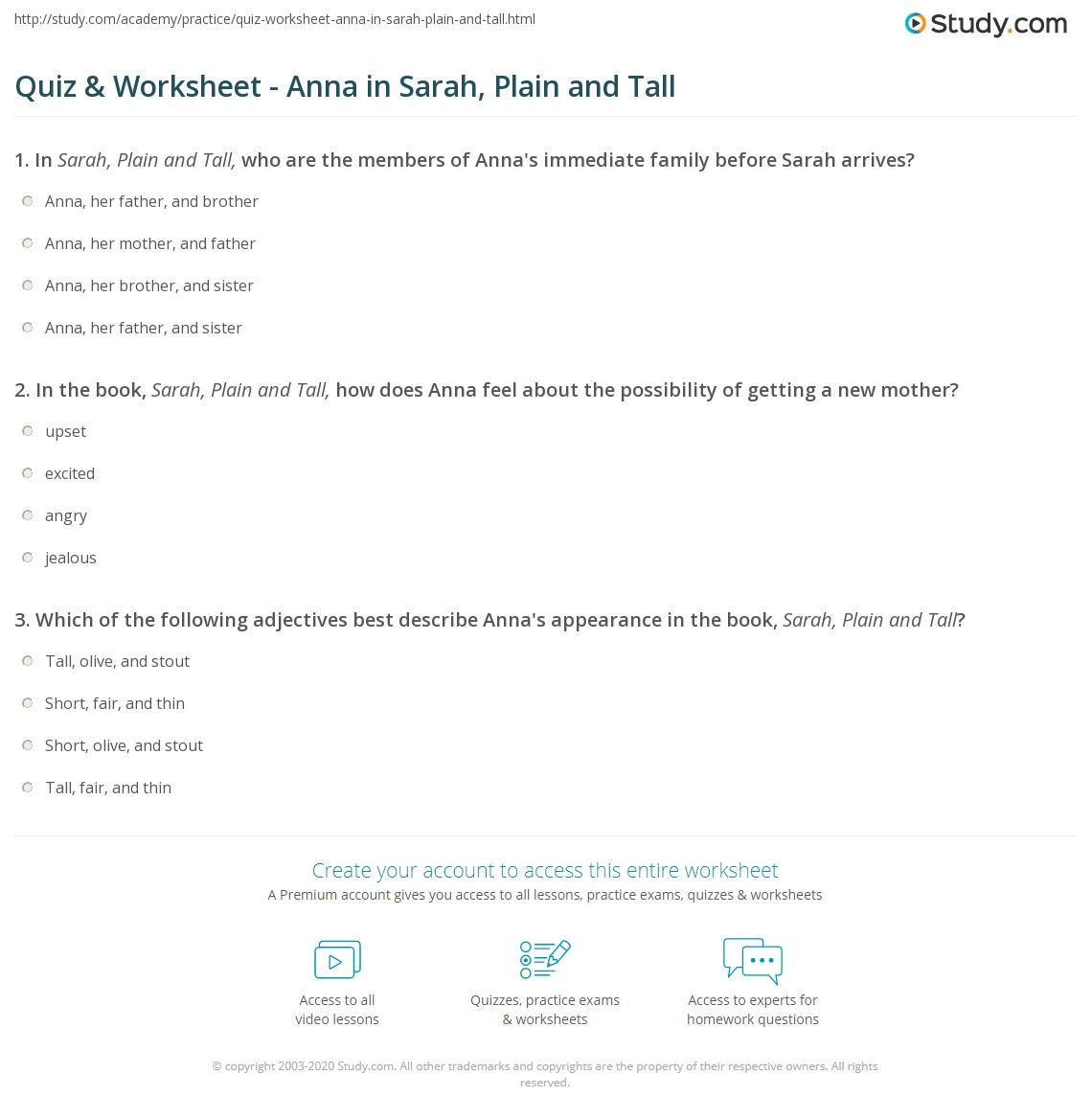quiz worksheet anna in sarah plain and tall