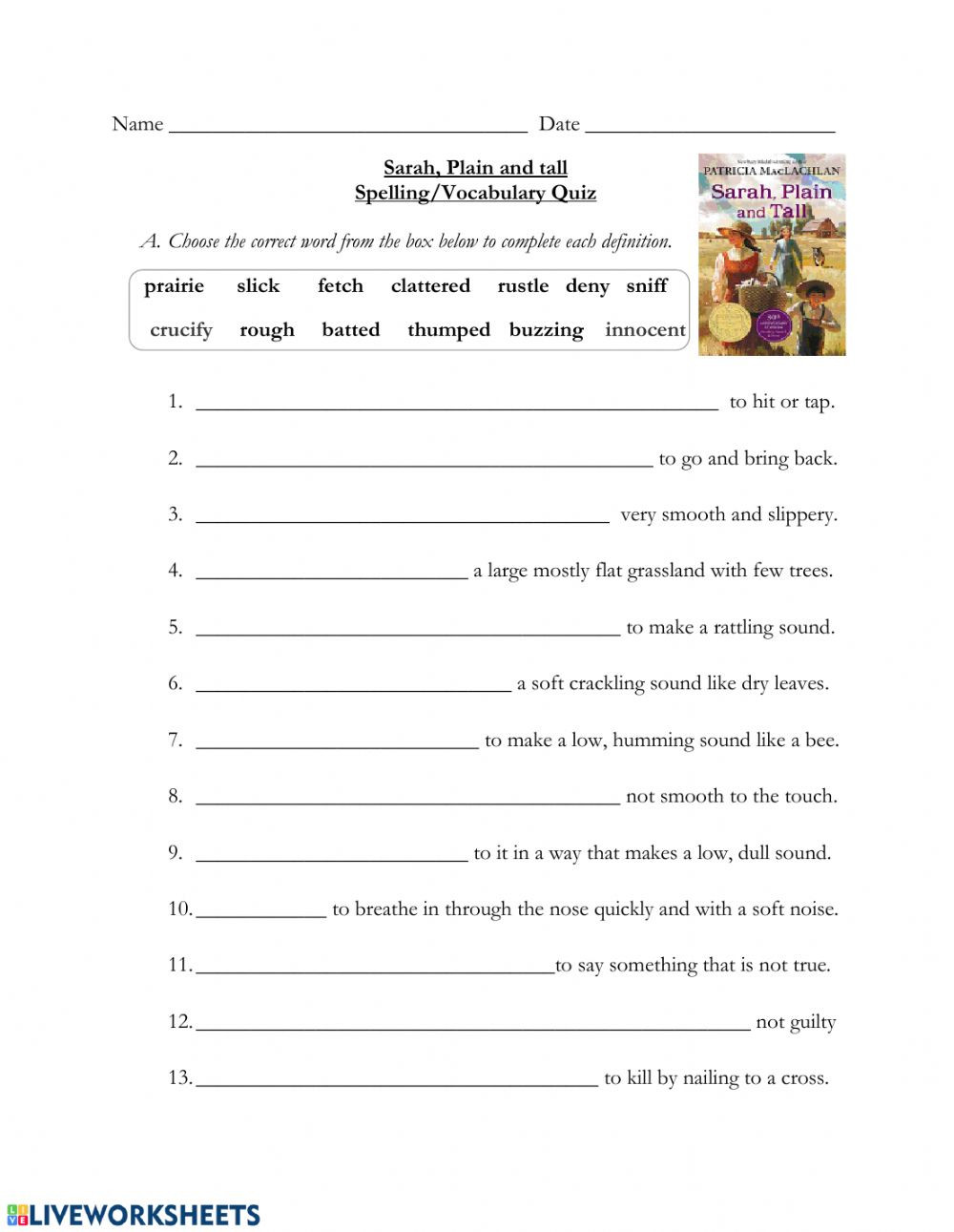 Sarah Plain and Tall Worksheet Spelling and Vocabulary Sarah Plain and Tall Interactive