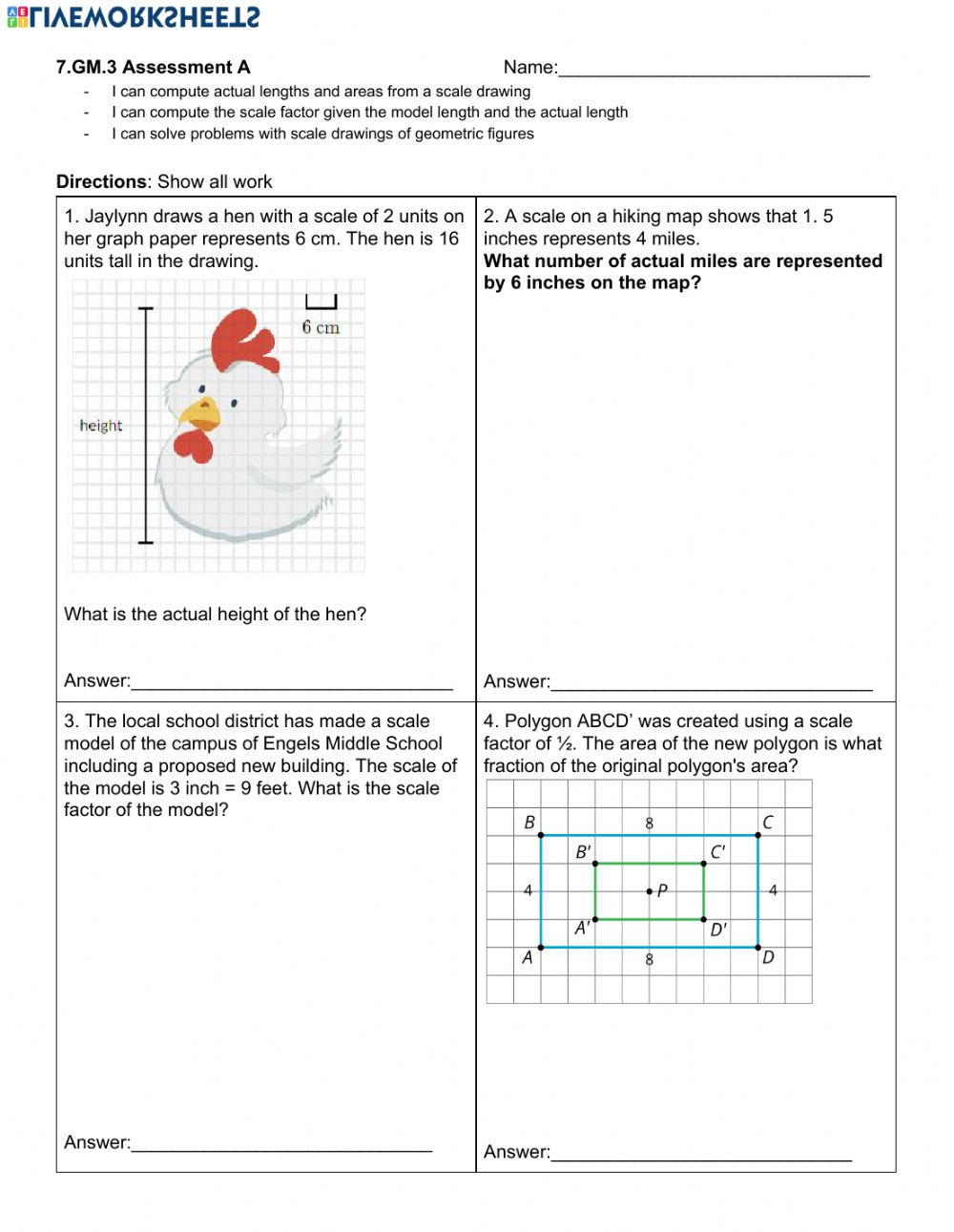 Scale Drawings Worksheet 7th Grade Scale Drawing Test Gm 3 Interactive Worksheet