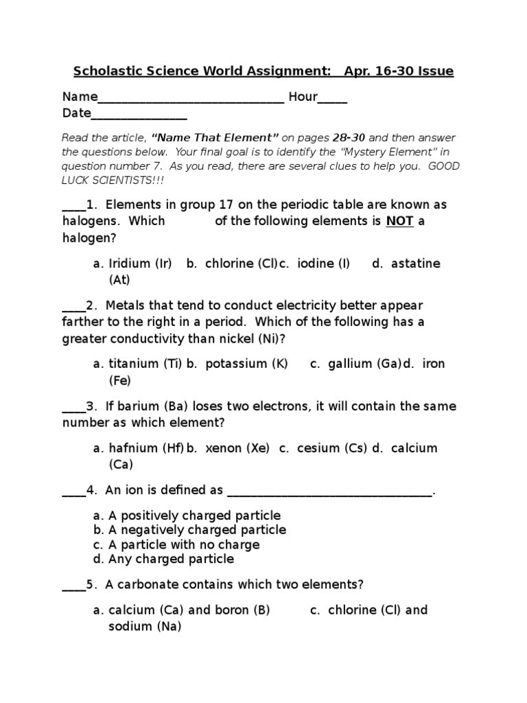 Science World Worksheet Answers Science World Name that Element Worksheet