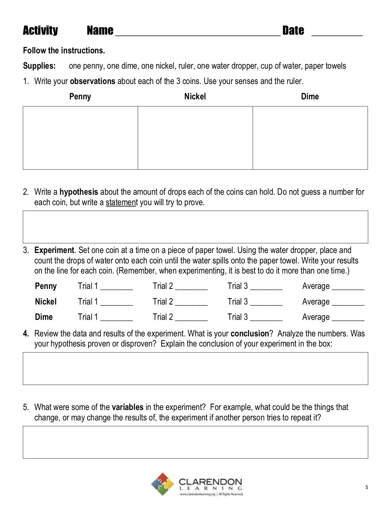 Scientific Method Worksheet 4th Grade Scientific Method
