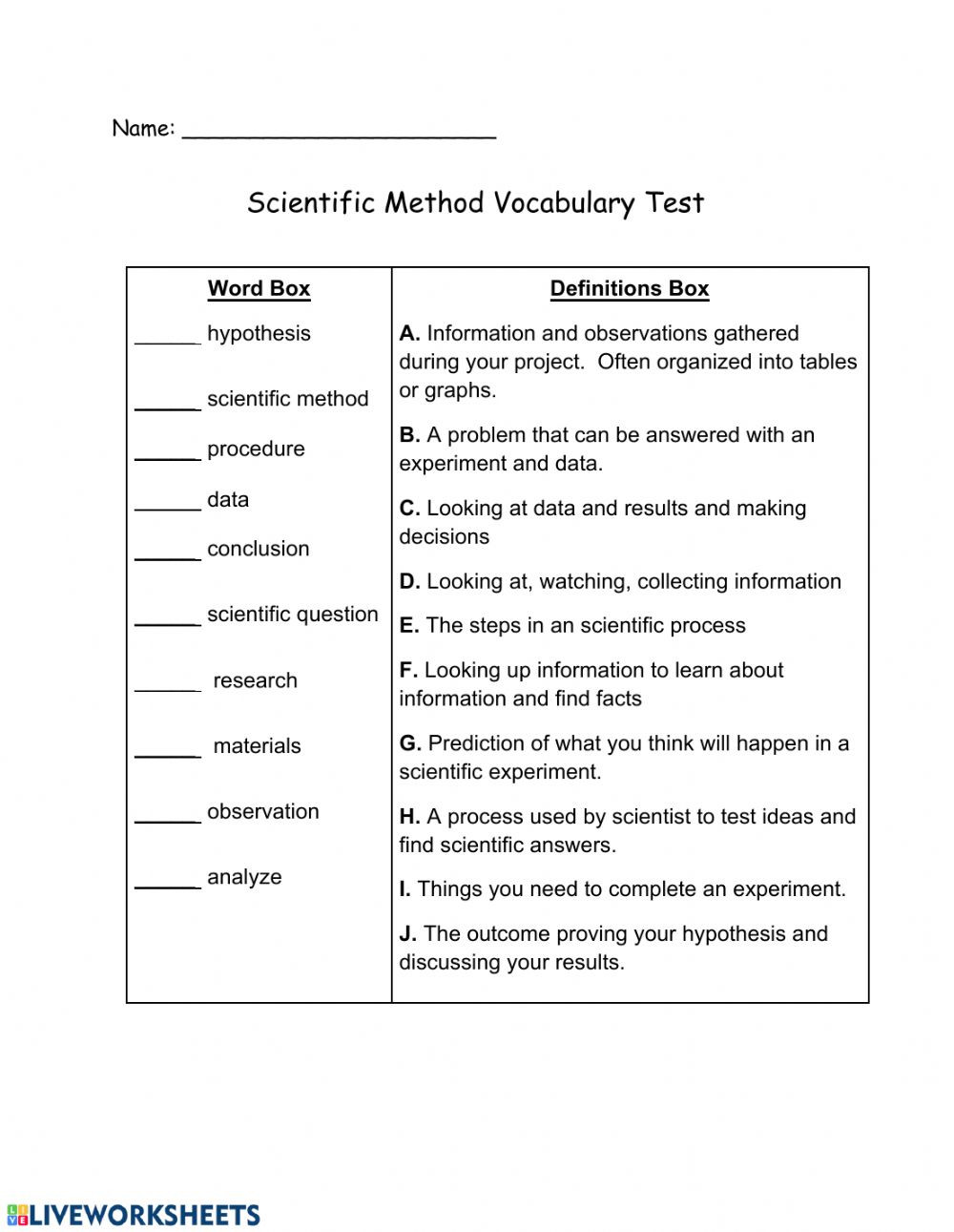Scientific Method Worksheet Answers Scientific Process Vocabulary Test Interactive Worksheet