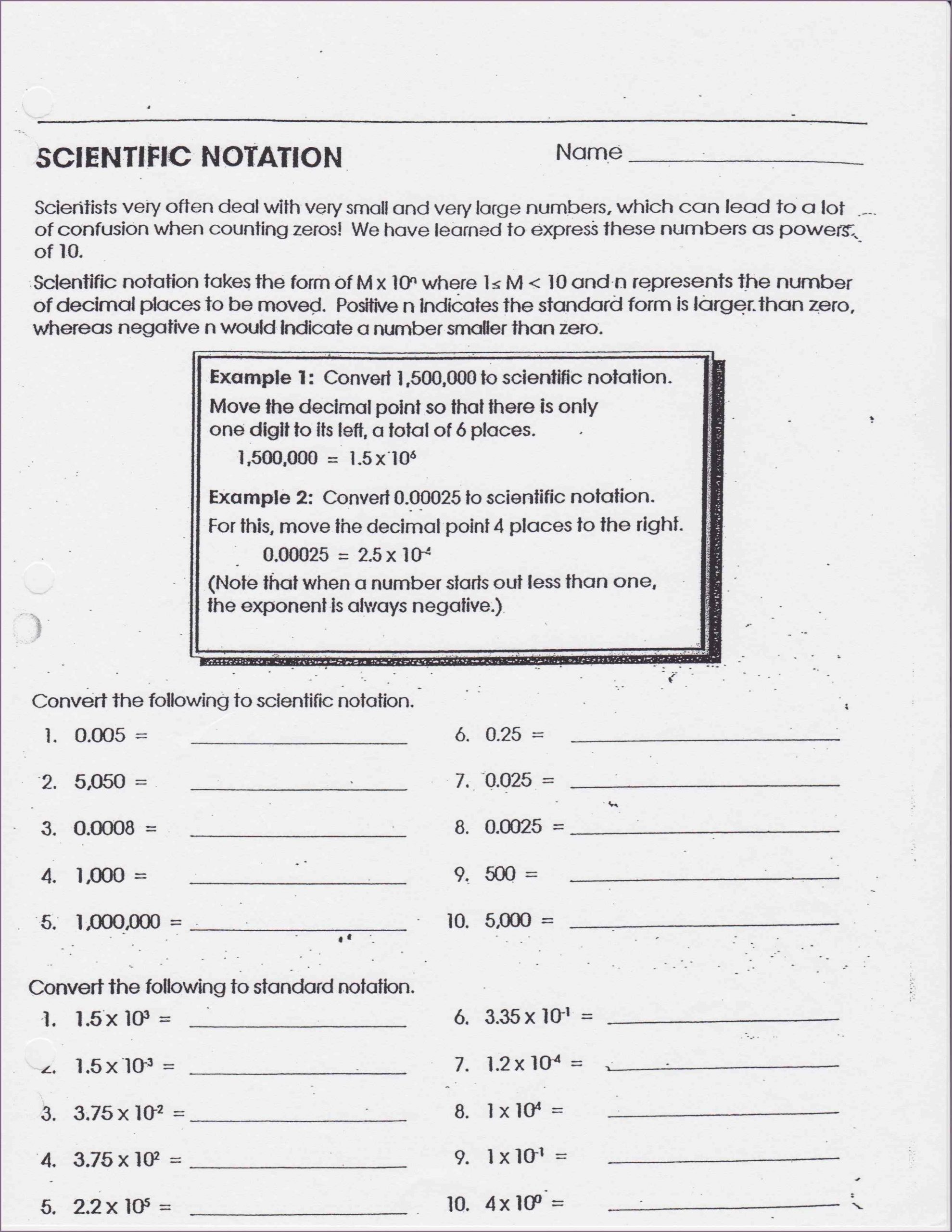 Scientific Notation Worksheet Chemistry Scientific Notation Printable Worksheet