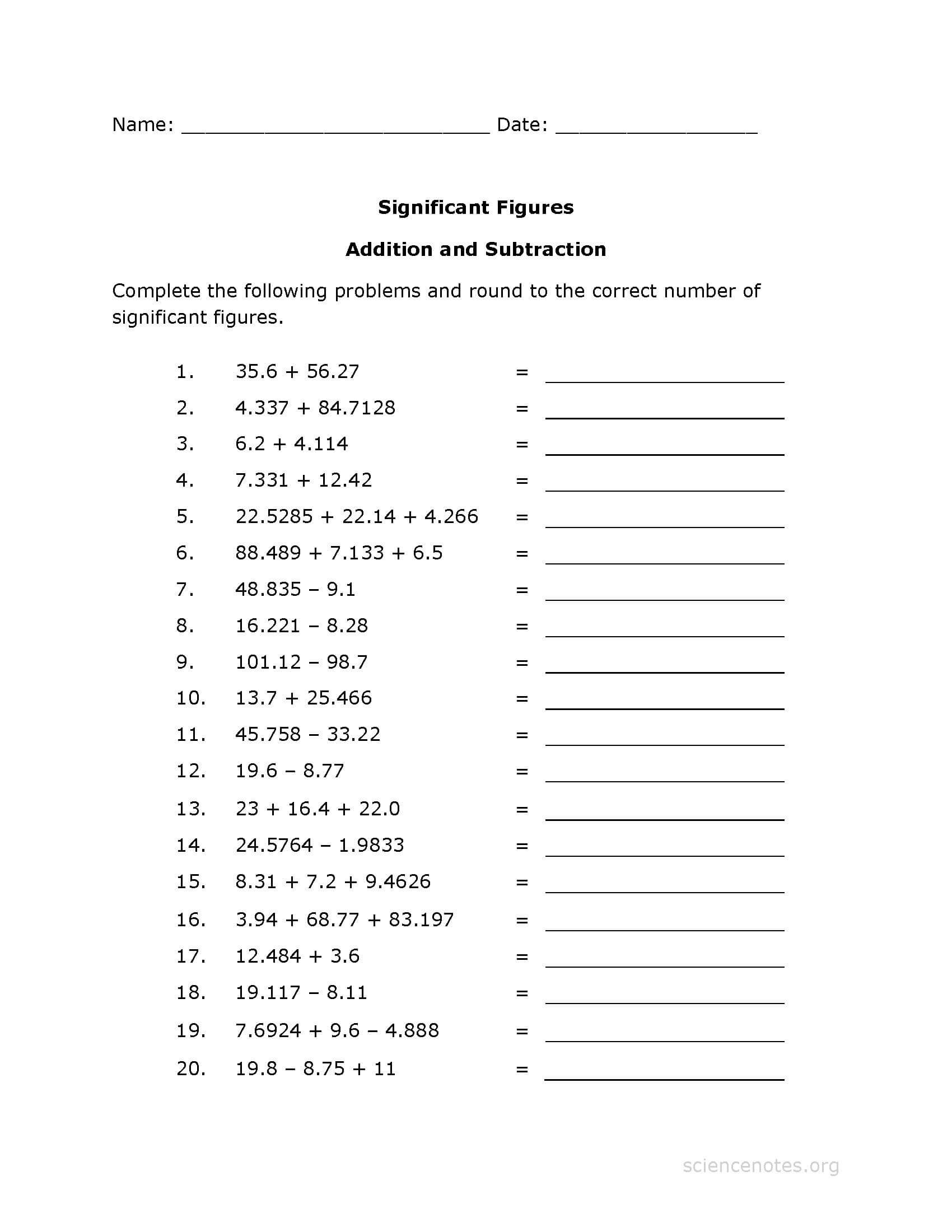 Scientific Notation Worksheet Chemistry Significant Figures Worksheet Pdf Addition Practice