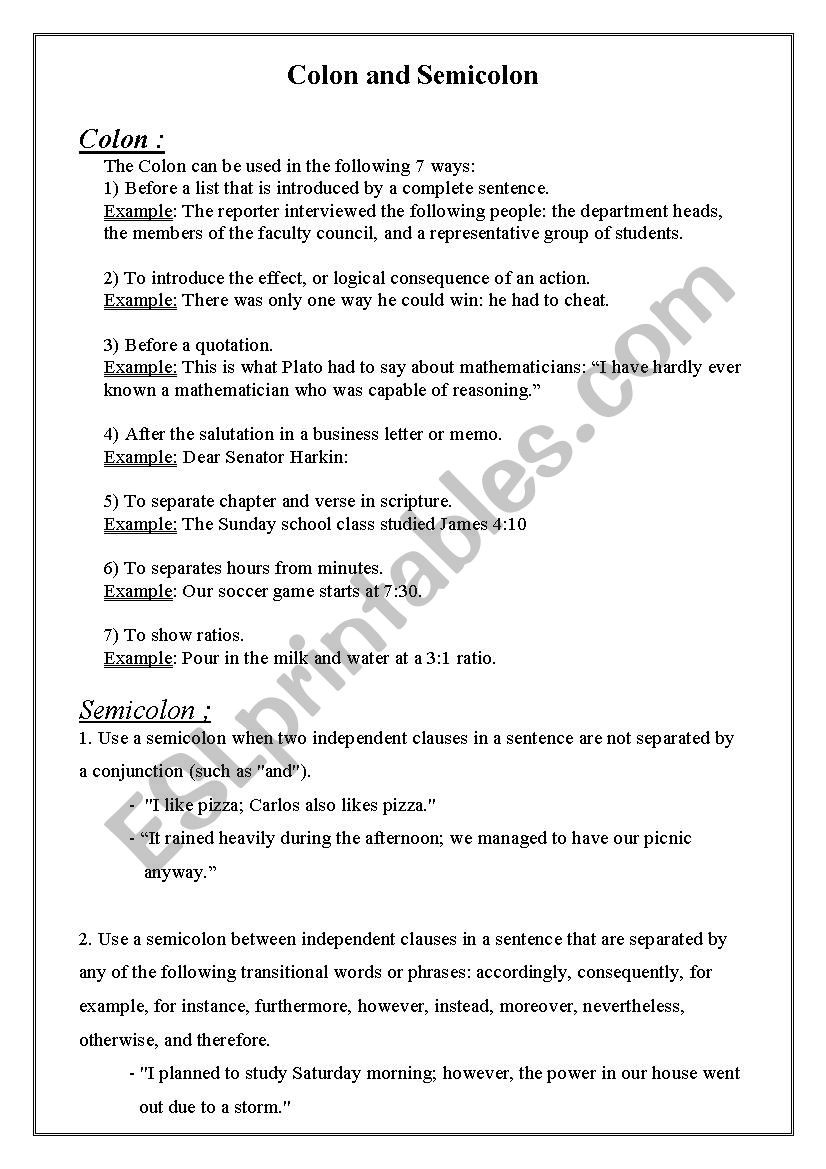 Semicolons and Colons Worksheet Colon and Semicolon Esl Worksheet by Sweet Hannah