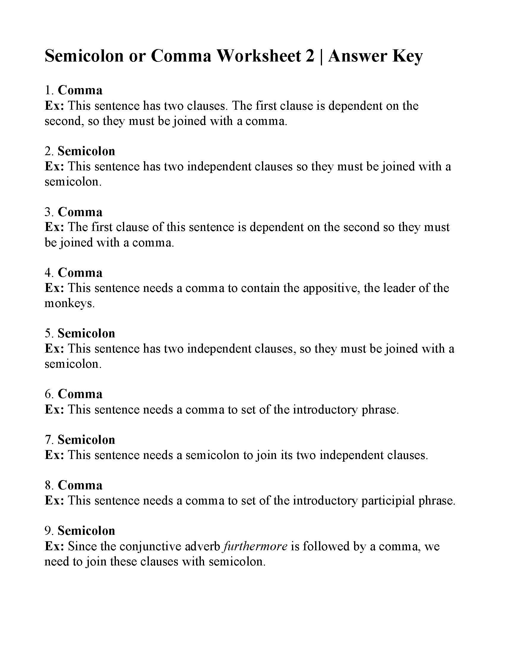 Semicolons and Colons Worksheet Mas or Semicolons Worksheet 2