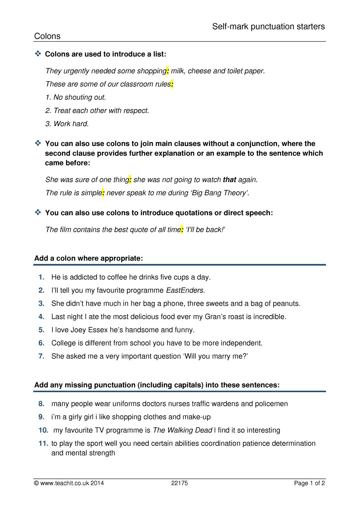 Semicolons and Colons Worksheet Spag Punctuation Collection Teachit English