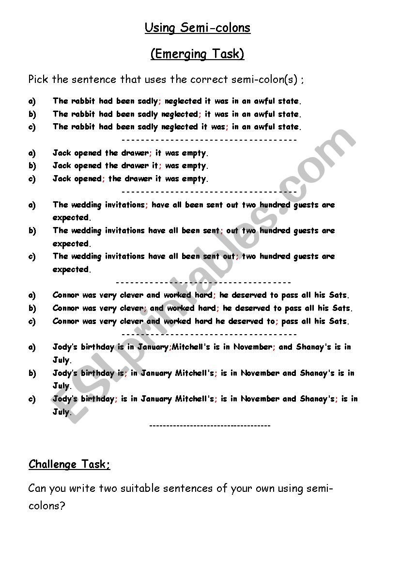 Semicolons and Colons Worksheet Using Semi Colons Multiple Choice Esl Worksheet by Jevans1