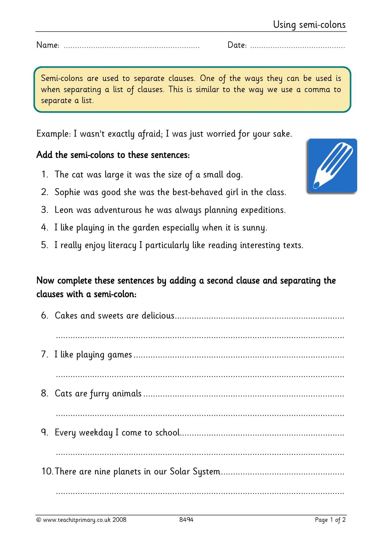 Semicolons and Colons Worksheet Using Semi Colons