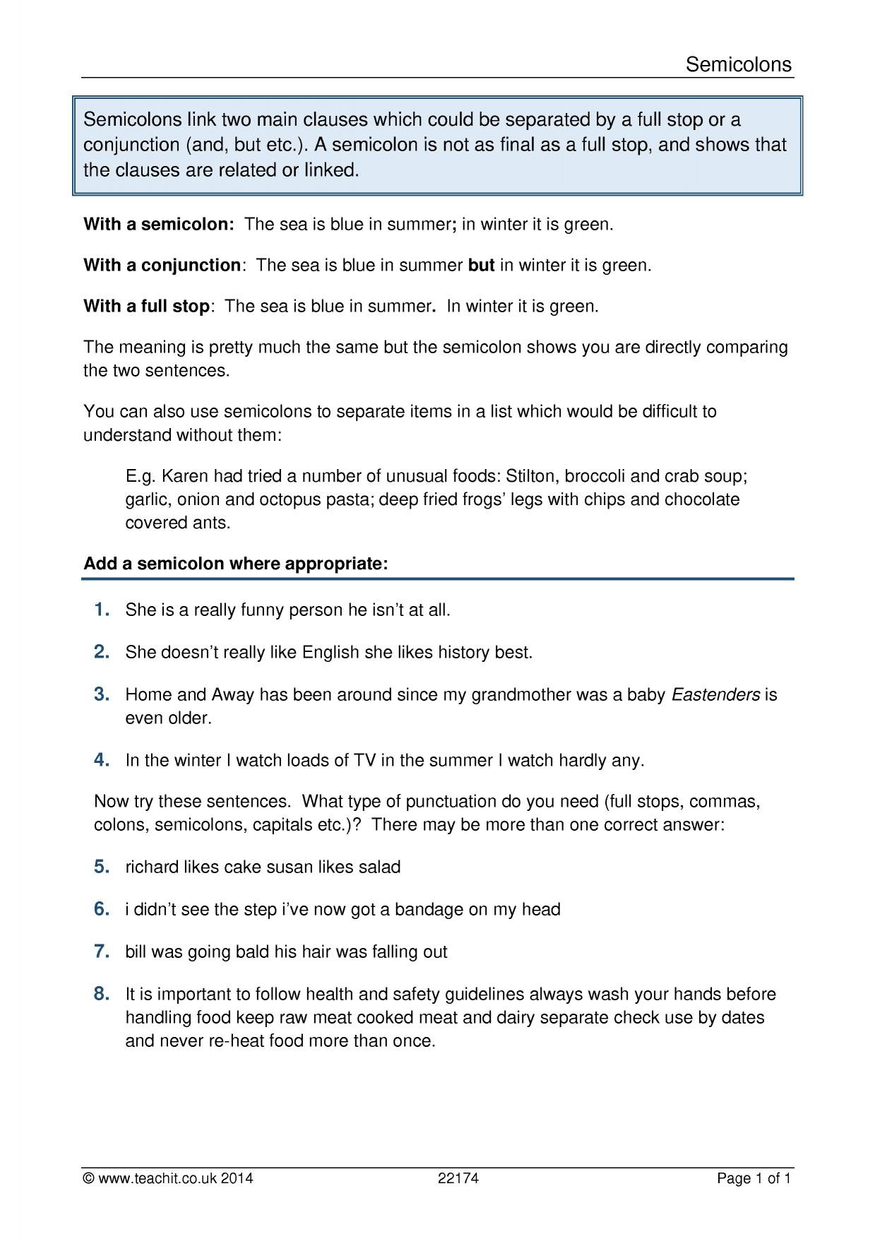 Semicolons and Colons Worksheet Using Semicolons