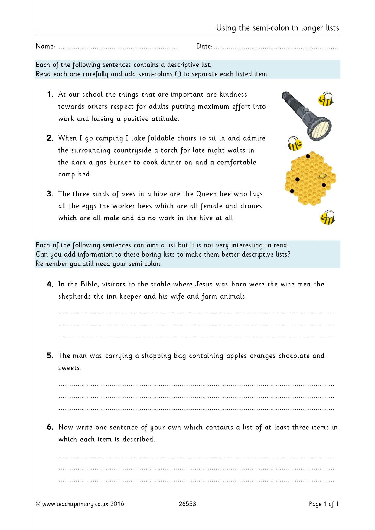 Semicolons and Colons Worksheet Using the Semi Colon In Longer Lists