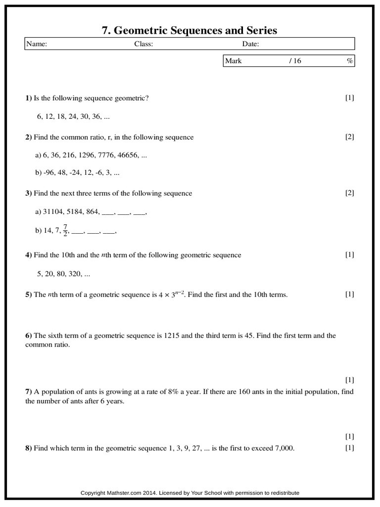 Sequences and Series Worksheet Answers Geometric Sequences and Series Ib Worksheet
