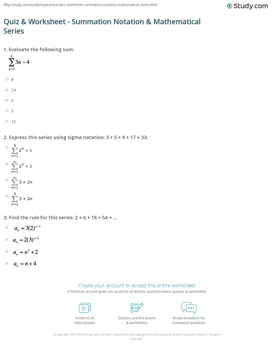 Sequences and Series Worksheet Answers Quiz &amp; Worksheet Summation Notation &amp; Mathematical Series