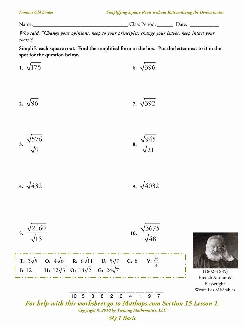 Simplify Square Root Worksheet 50 Simplify Square Roots Worksheet In 2020