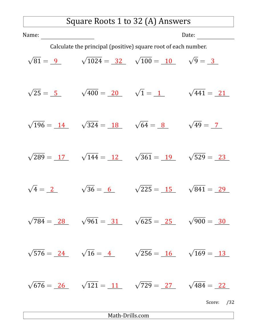 Simplify Square Root Worksheet Principal Square Roots 1 to 32 A