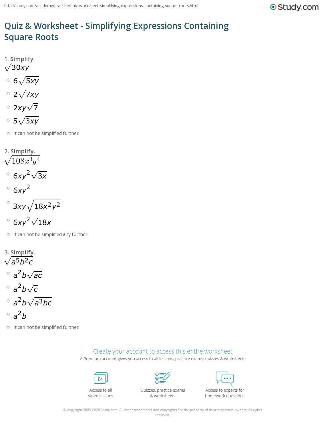 Simplify Square Root Worksheet Quiz &amp; Worksheet Simplifying Expressions Containing Square
