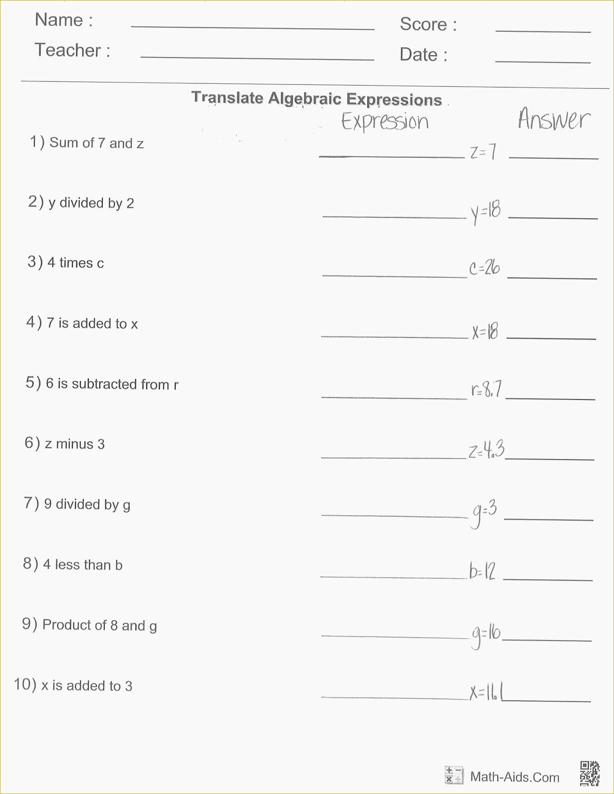 Simplifying Expressions Worksheet with Answers Algebraic Expressions Worksheets