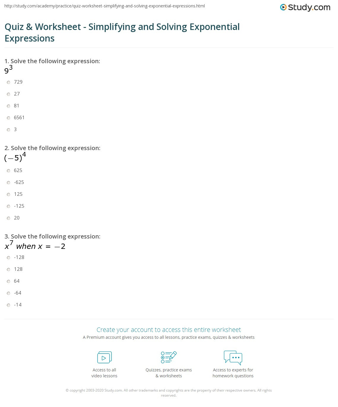 Simplifying Expressions Worksheet with Answers Quiz &amp; Worksheet Simplifying and solving Exponential