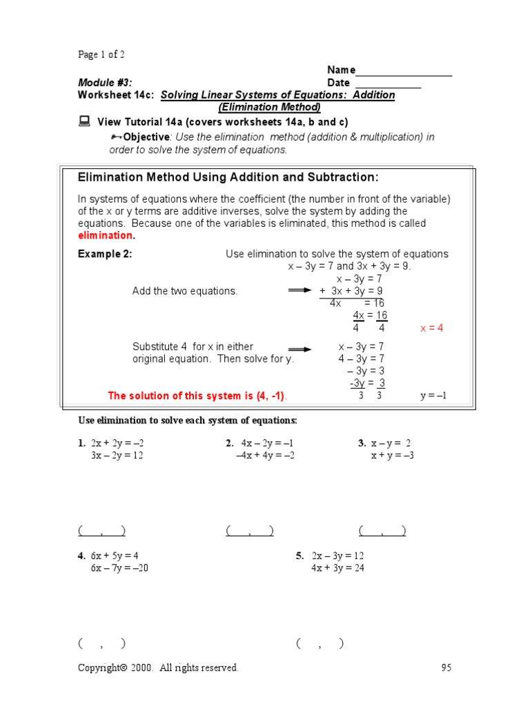 Solve by Elimination Worksheet Elimination Method System Linear Equations
