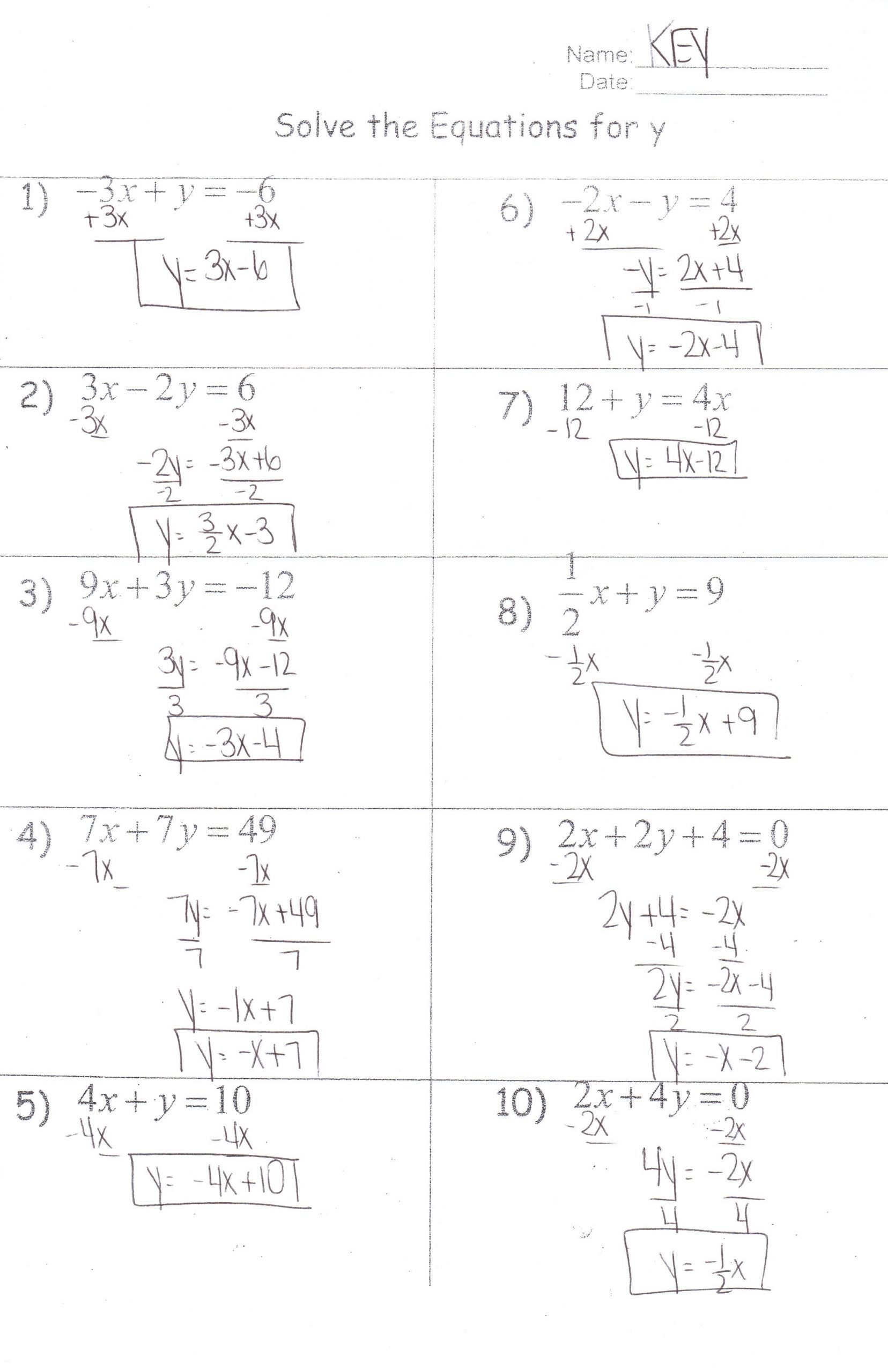 Solve by Elimination Worksheet Worksheets solve for Y Key Algebra I Honors Mrs Jenee