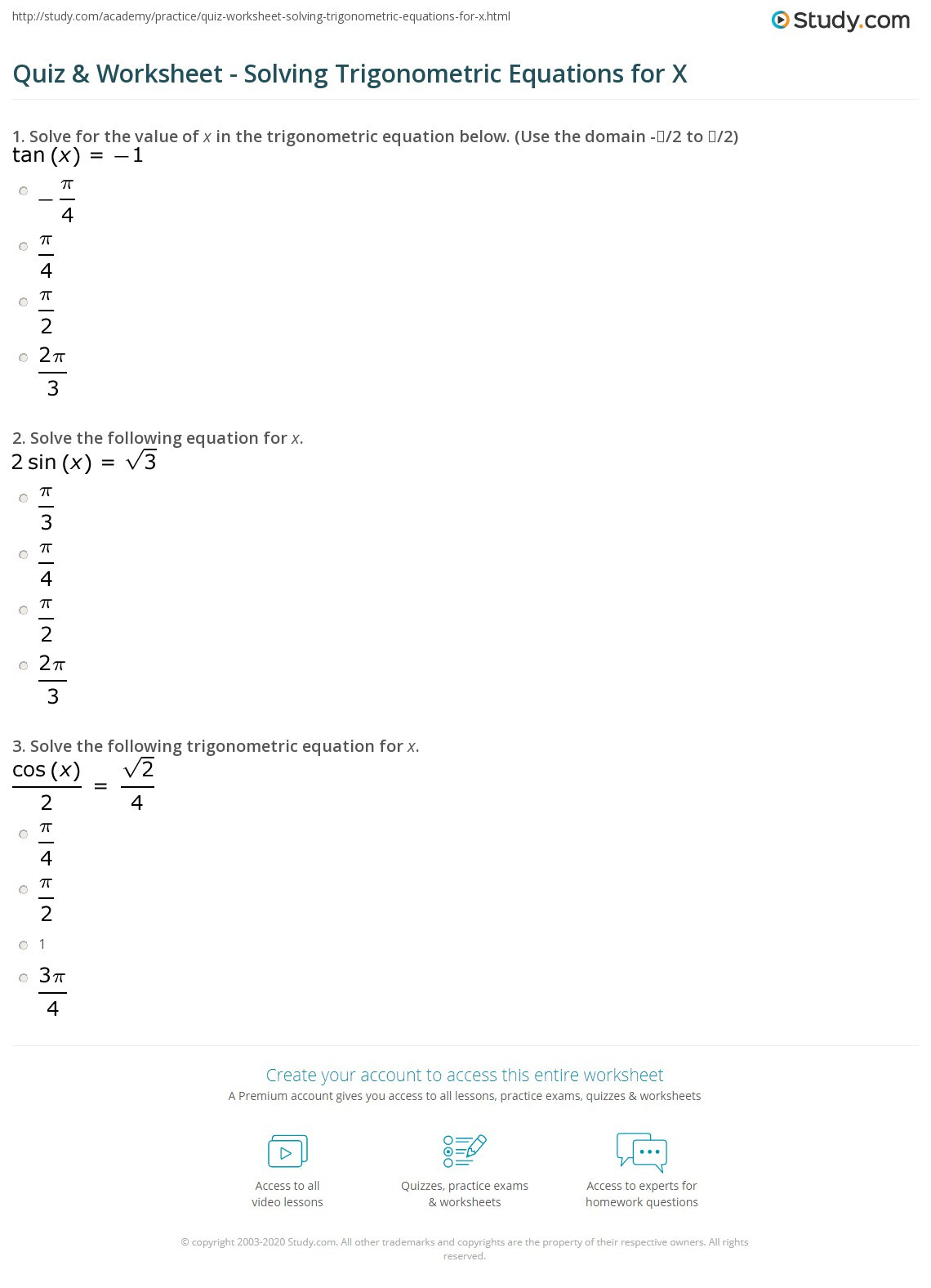 Solve Trig Equations Worksheet Quiz &amp; Worksheet solving Trigonometric Equations for X