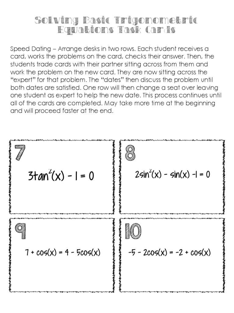 Solve Trig Equations Worksheet solving Basic Trigonometric Equations Task Cards Free