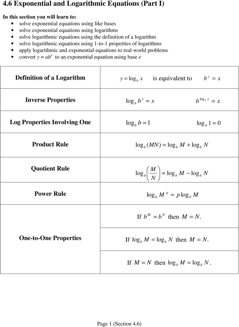 Solving Logarithmic Equations Worksheet 4 6 Exponential and Logarithmic Equations Part I Pdf