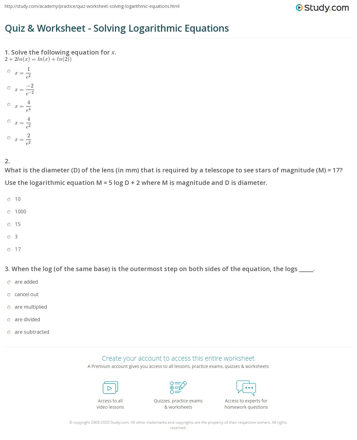 Solving Logarithmic Equations Worksheet Quiz &amp; Worksheet solving Logarithmic Equations