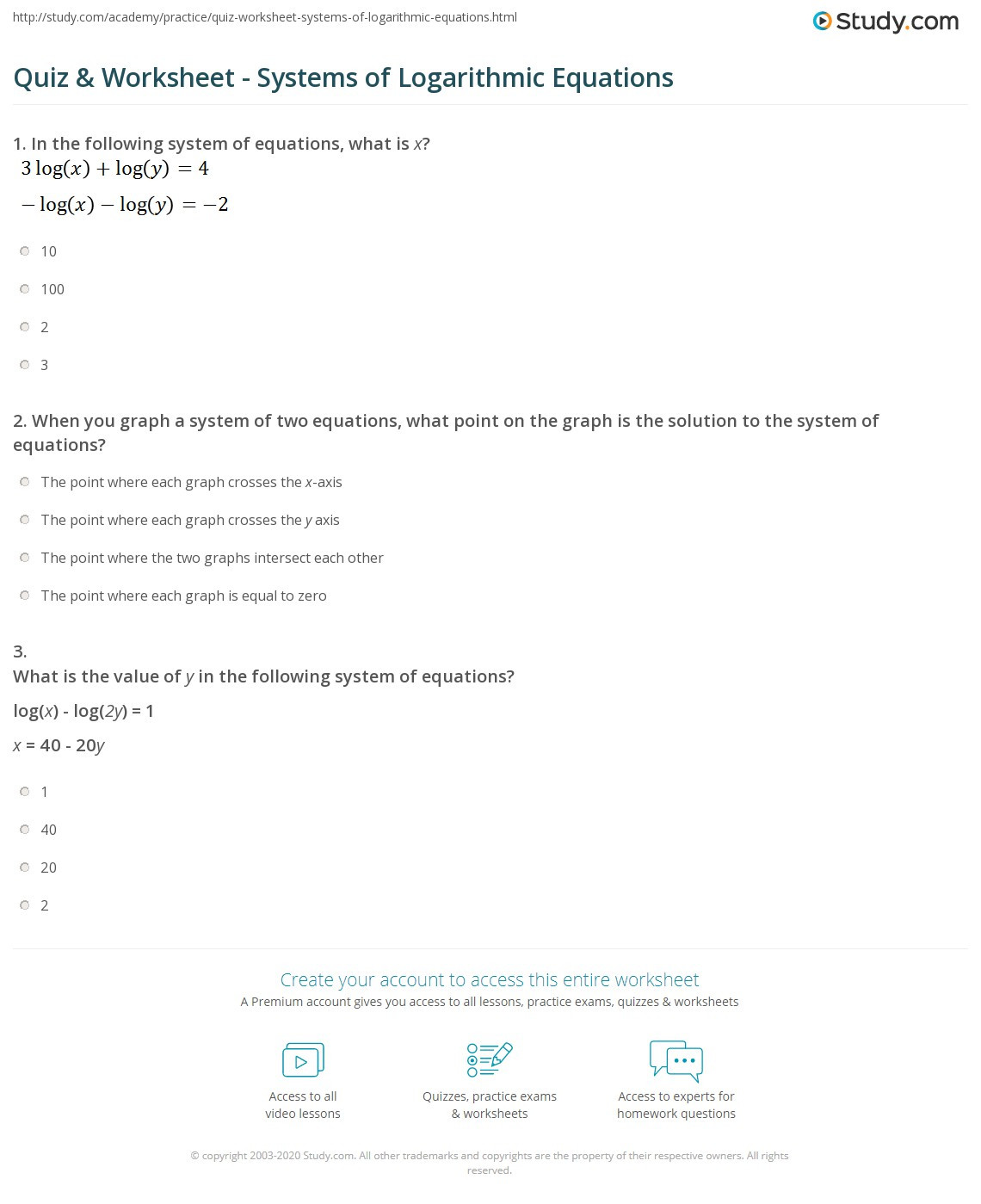 Solving Logarithmic Equations Worksheet Quiz &amp; Worksheet Systems Of Logarithmic Equations