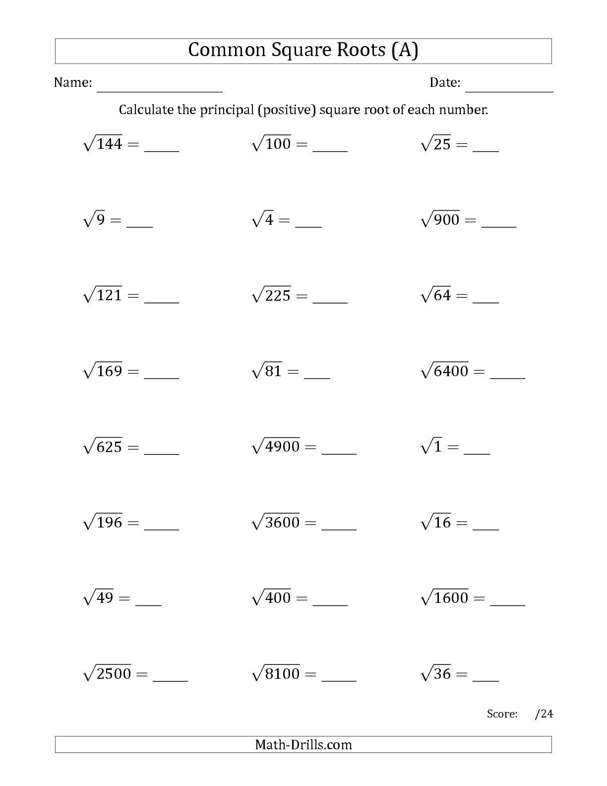 Solving Square Root Equations Worksheet the Principal Square Roots Mon A Number Sense