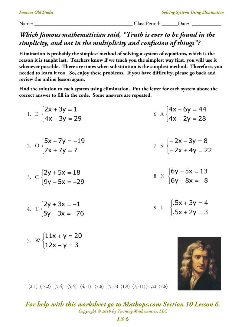 Solving Systems by Elimination Worksheet Systems Of Equations