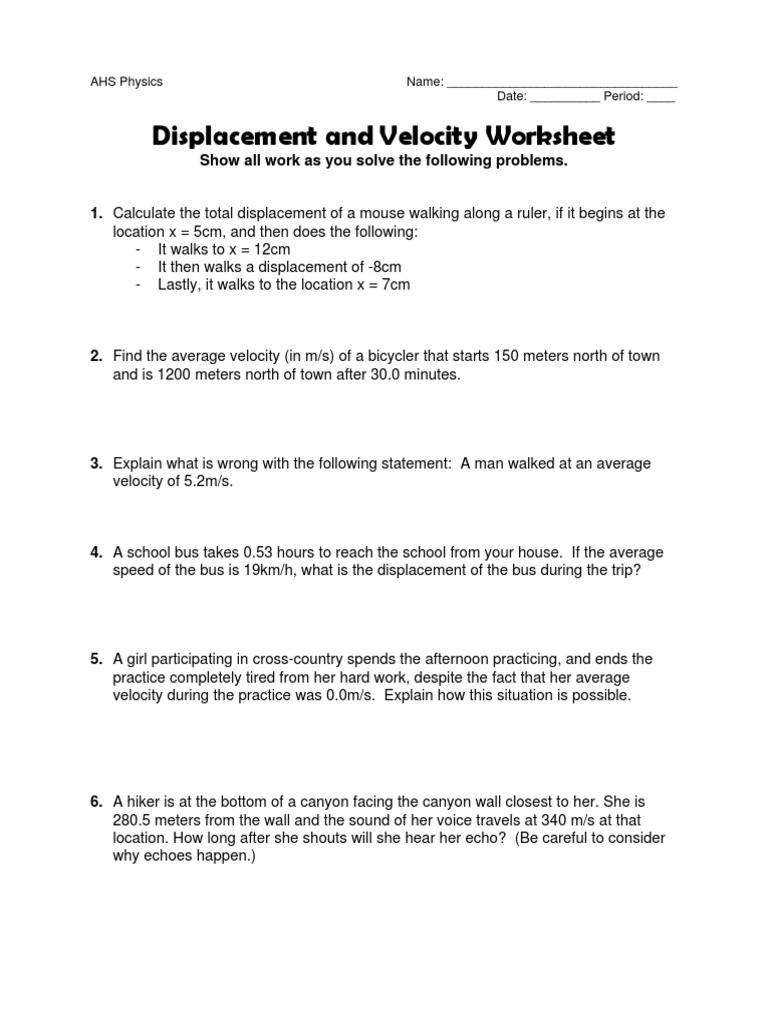 Speed and Velocity Worksheet Displacement and Velocity Worksheet1 Speed