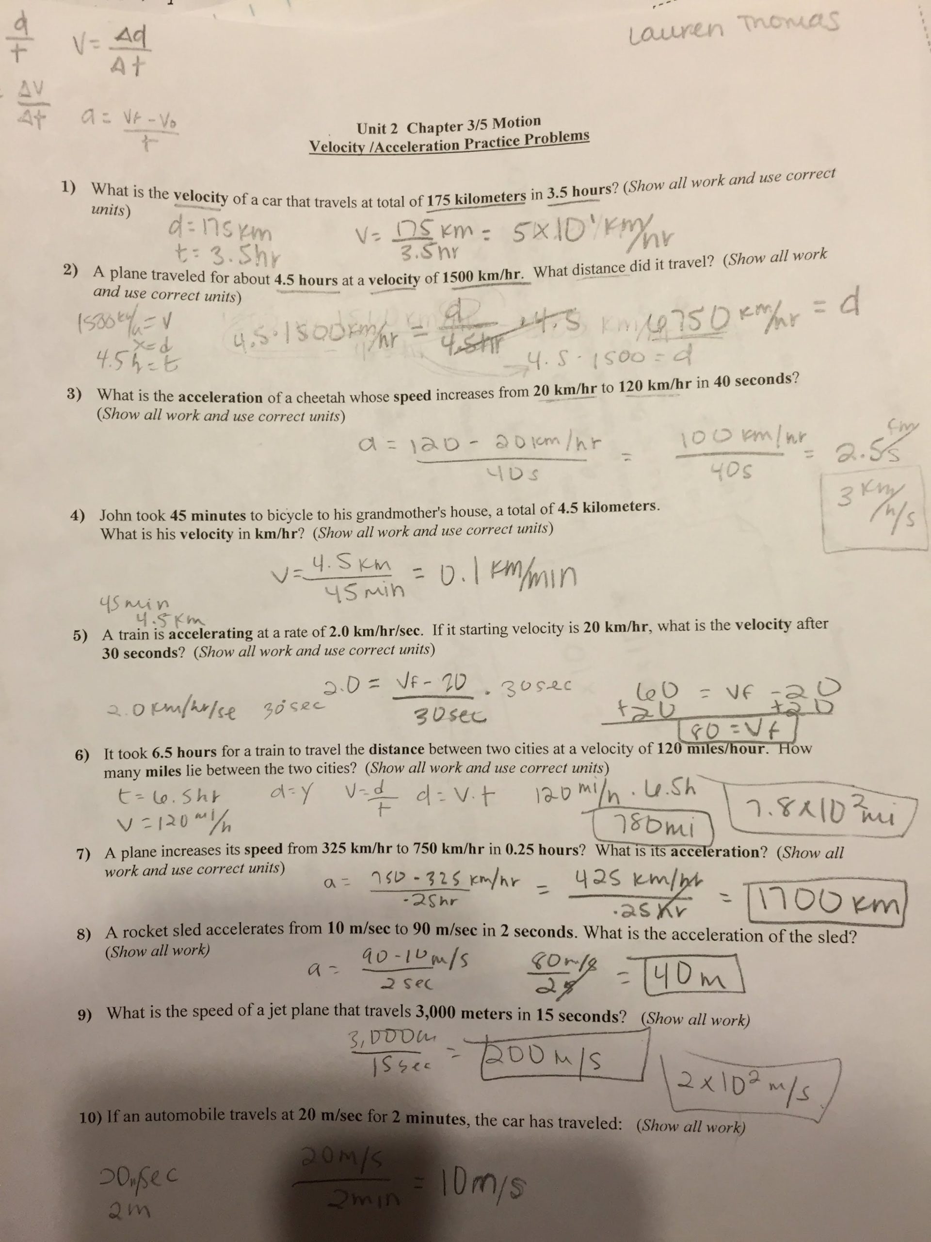 Speed and Velocity Worksheet Unit 2 Motion Speed and Acceleration Lauren Thomas 4a