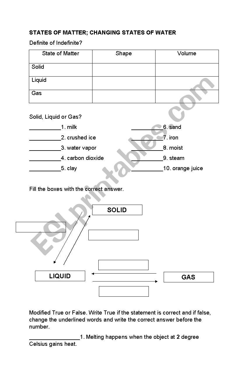 States Of Matter Worksheet Answers States Of Matter and the Changing States Of Water Esl