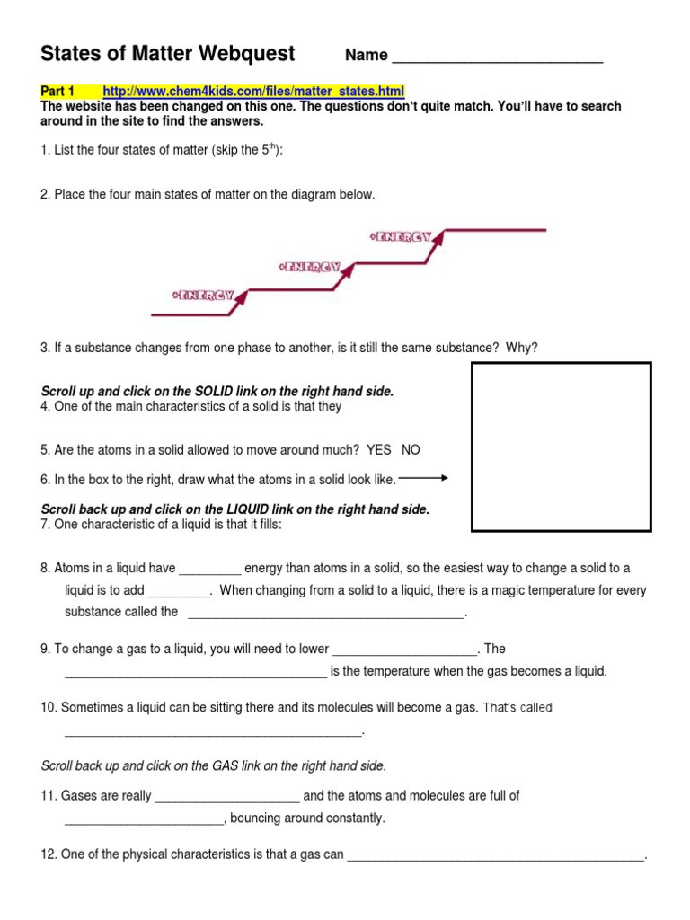 States Of Matter Worksheet Answers Webquest States Of Matter Gases
