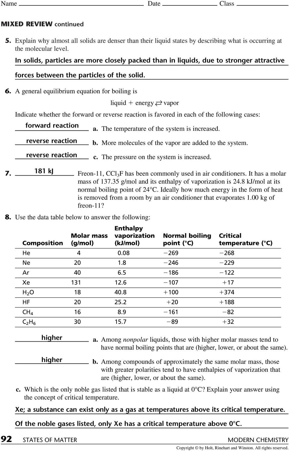 States Of Matter Worksheet Chemistry States Of Matter Chapter 10 Review Section 1 Name Date