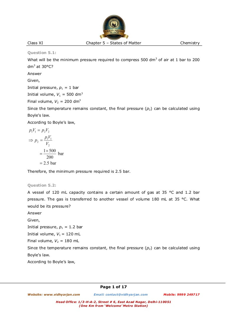 States Of Matter Worksheet Chemistry States Of Matter Exercise with solutions