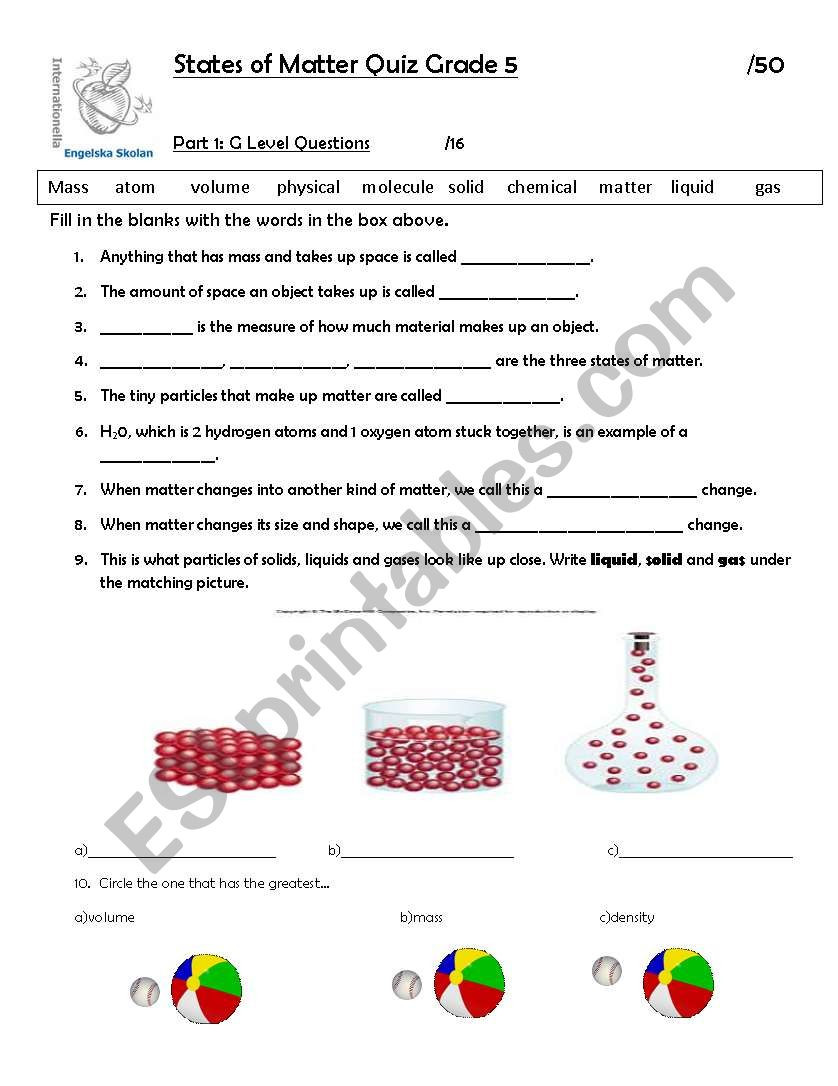 States Of Matter Worksheet Chemistry States Of Matter Test Esl Worksheet by Victoriaproulx