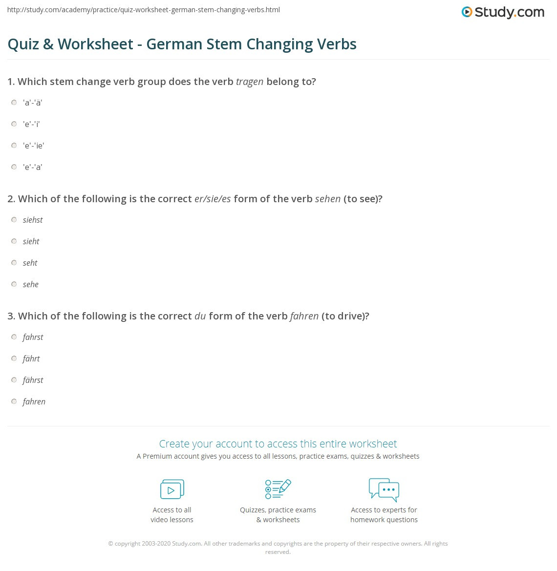 Stem Changing Verbs Worksheet Answers Quiz &amp; Worksheet German Stem Changing Verbs
