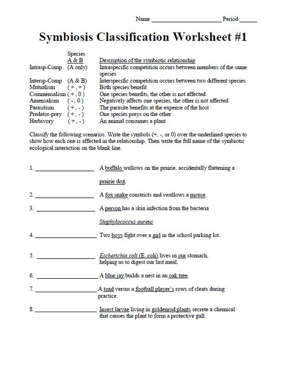 Symbiosis Worksheet Answer Key Interactions Of Species Classification Activity 1