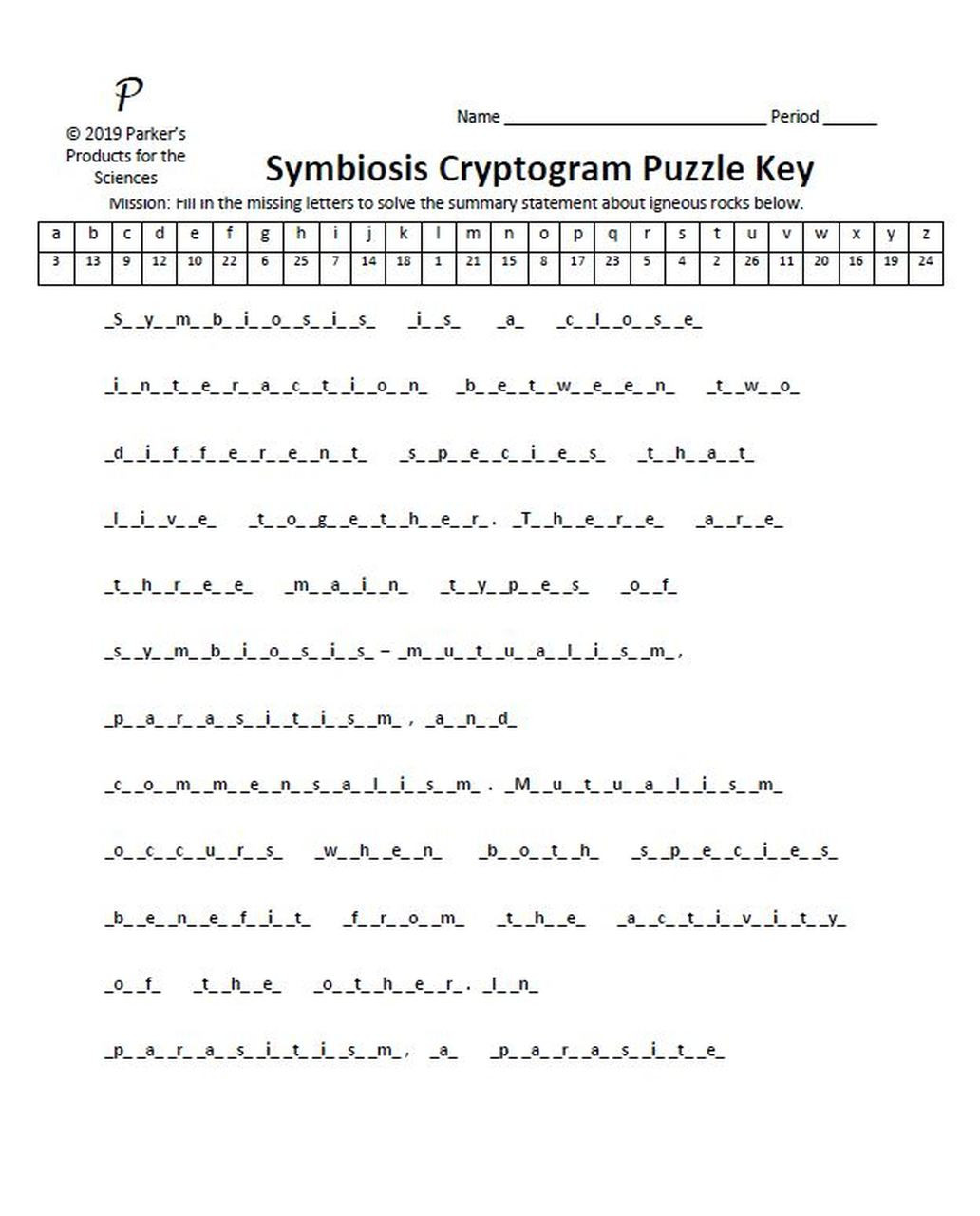 Symbiosis Worksheet Answer Key Symbiosis Cryptogram Puzzle Ideal Emergency Sub Plan