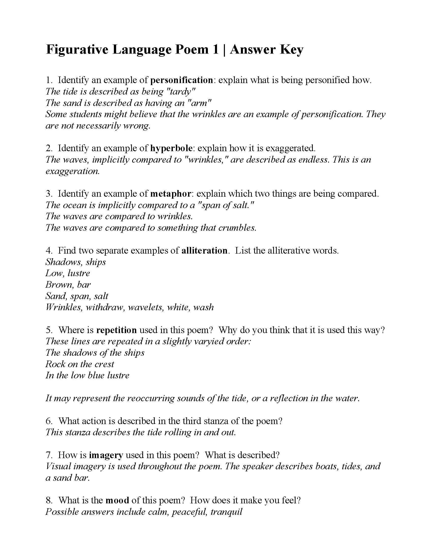 Symbiosis Worksheet Answer Key This is the Answer Key for the Figurative Language Poem 1