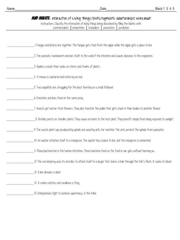 Symbiosis Worksheet Answer Key Types Of Interactions Predation