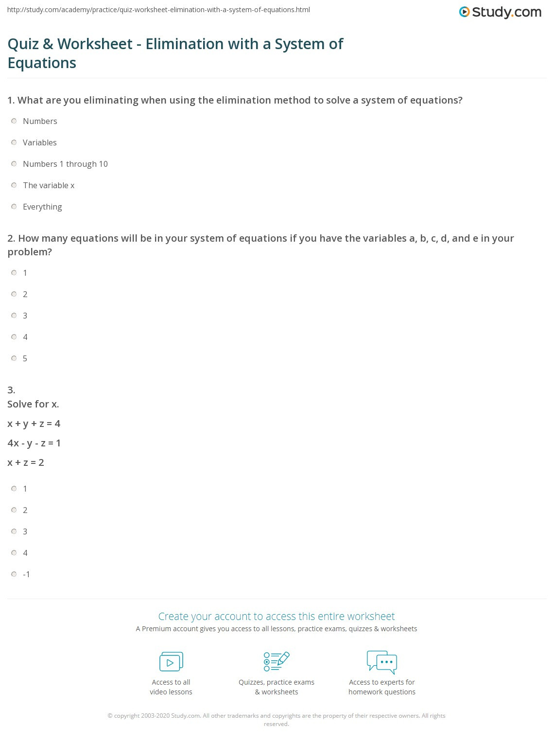 Systems Of Equations Elimination Worksheet Quiz &amp; Worksheet Elimination with A System Of Equations
