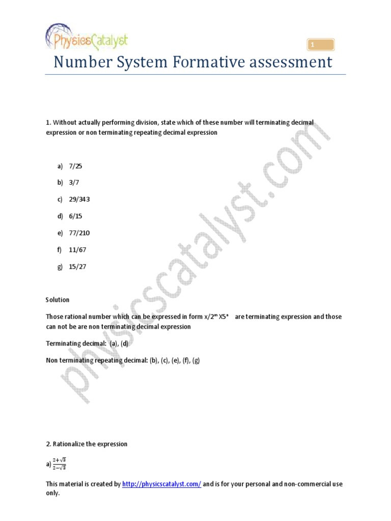 Terminating and Repeating Decimals Worksheet Real Number formative assigment Numbers