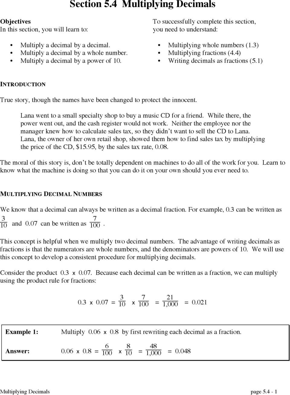 Terminating and Repeating Decimals Worksheet Section 5 4 Multiplying Decimals Pdf Free Download