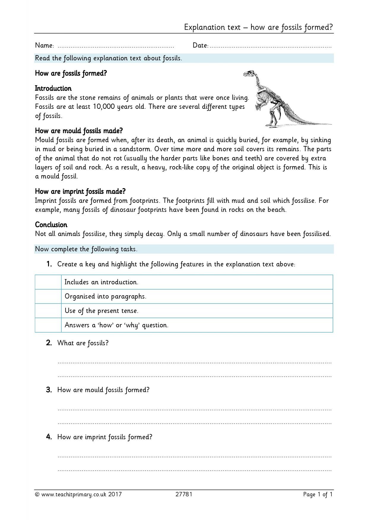Text Features Worksheet Pdf Explanation Text How are Fossils formed