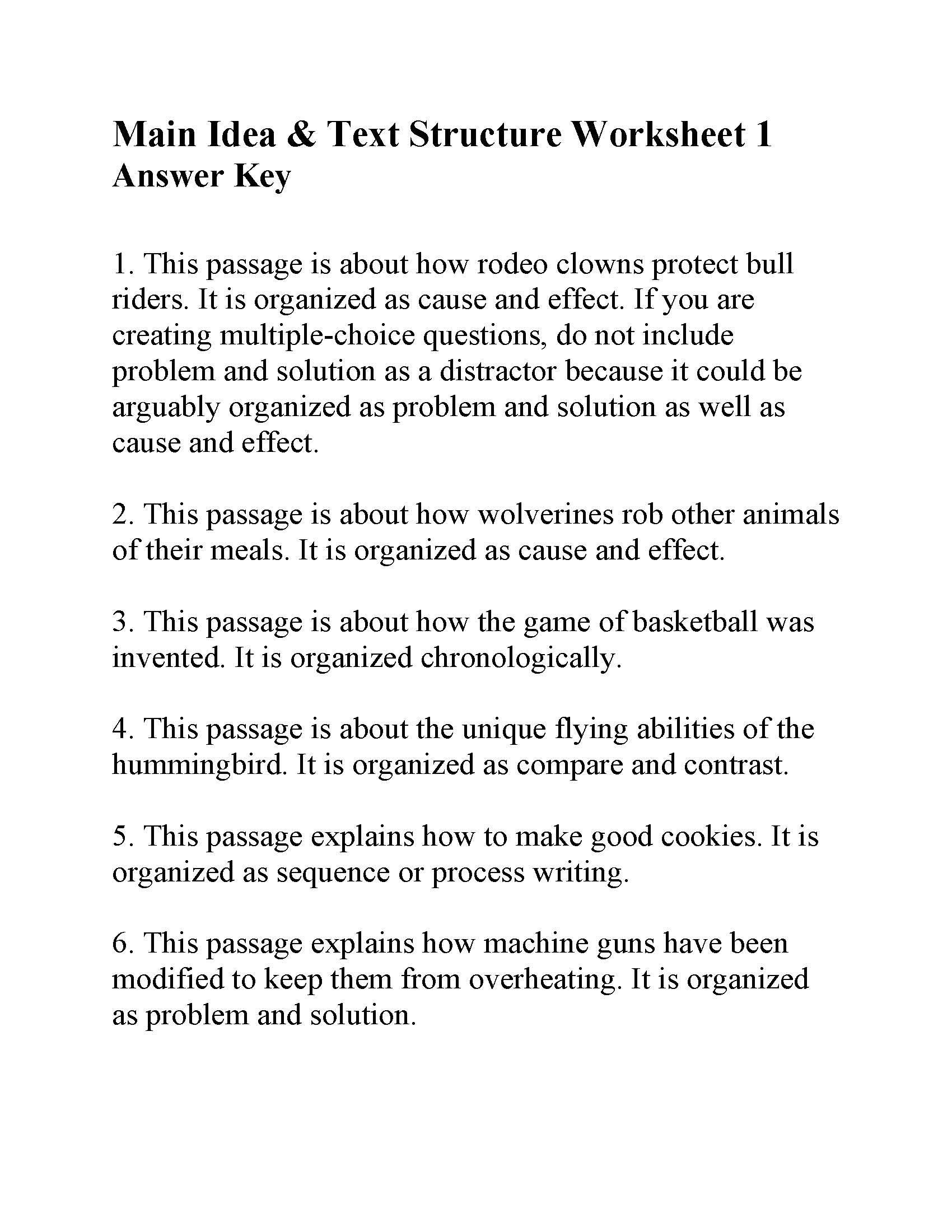 Text Structure Worksheet 4th Grade This is the Answer Key for the Main Idea and Text Structure